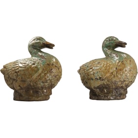 2 Chinese Tang Dynasty Sancai Style Glazed Pottery Duck Sculptures 12 in. x 14 in.