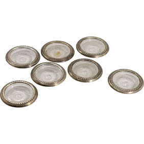 Set 7 Sterling Silver Rimmed Glass Bottom Coasters 4.5 in. diameter