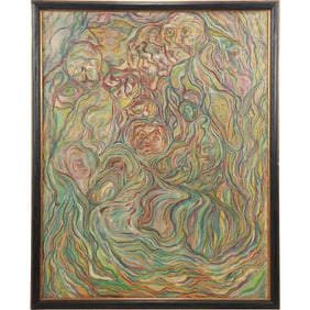 Oil on Board Painting, Abstract Visionary Surrealist Painting with Faces, Framed