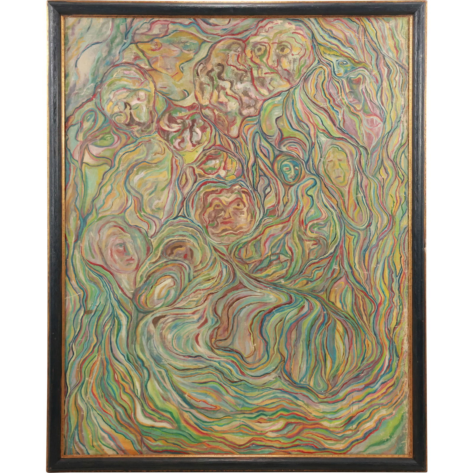 Oil on Board Painting, Abstract Visionary Surrealist Painting with Faces, Framed (1 of 17)