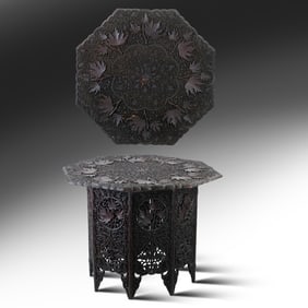 Antique Anglo Indian Folding Table Intricatley Carved Wood with Carved Leaves 30 in. dia. top
