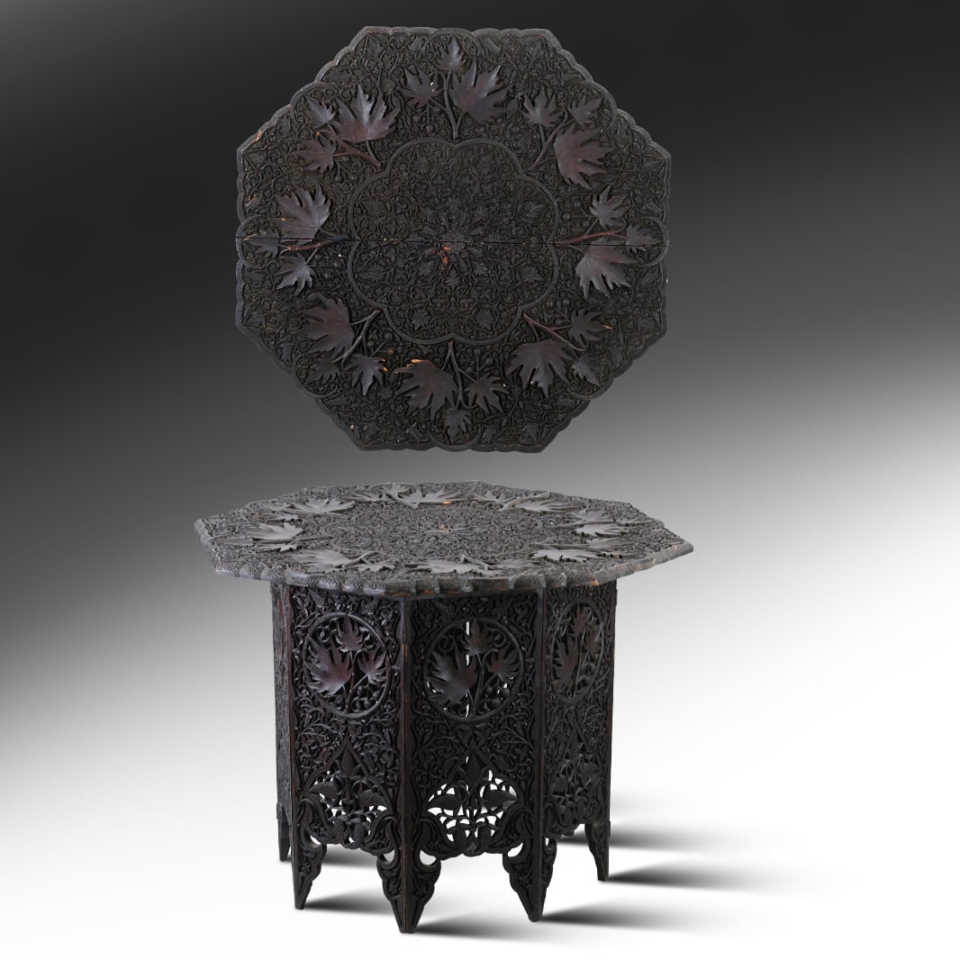 Antique Anglo Indian Folding Table Intricatley Carved Wood with Carved Leaves 30 in. dia. top (1 of 20)