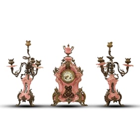 3-Piece Pink French Porcelain Mantle Clock Set with Candleabra Garnitures, Gustave Becker Movement