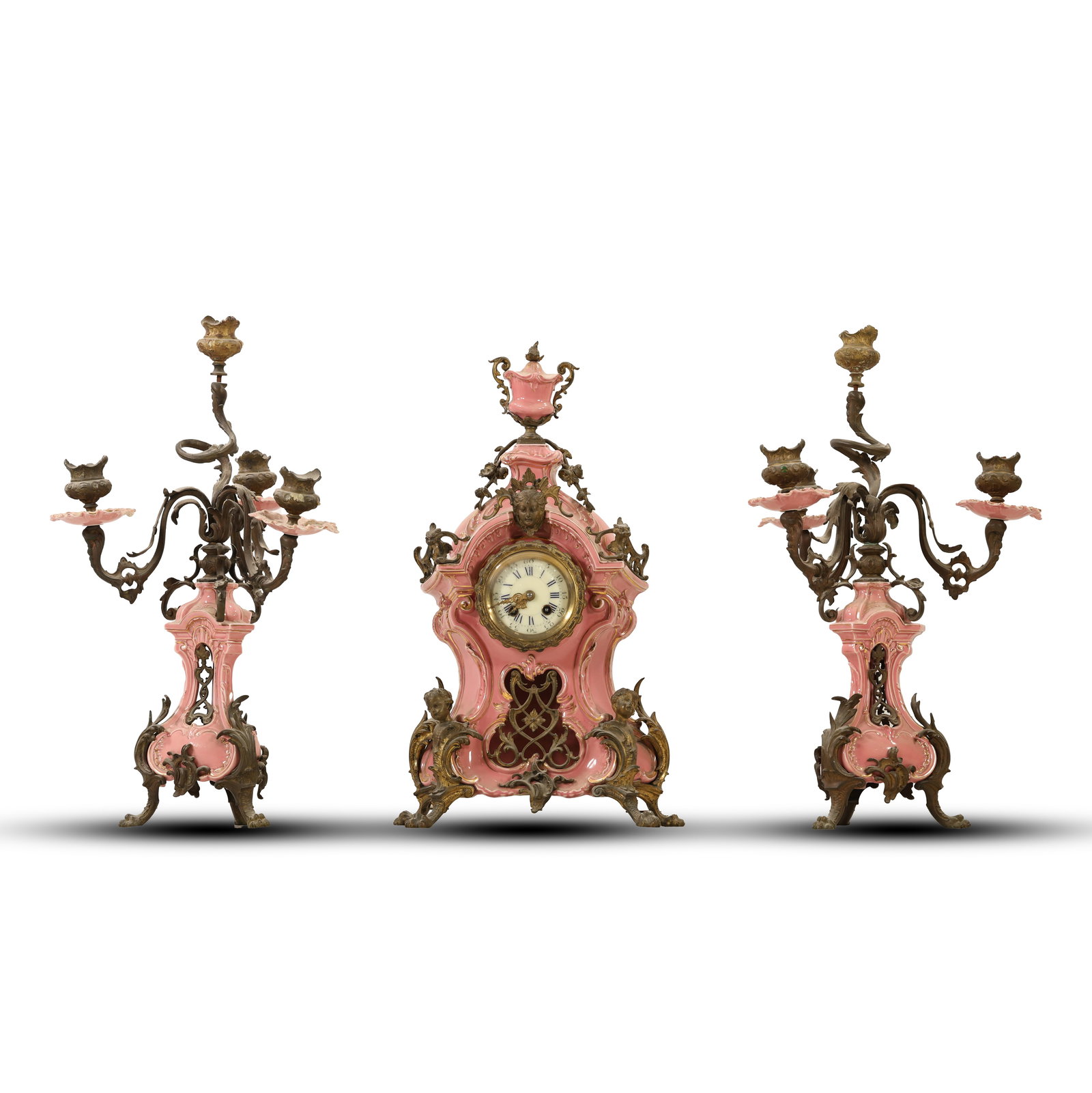 3-Piece Pink French Porcelain Mantle Clock Set with Candleabra Garnitures, Gustave Becker Movement (1 of 20)