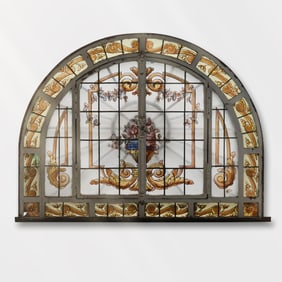Stunning Argentine Beaux Arts Iron, Stained and Painted Glass Arched Conservatory Window