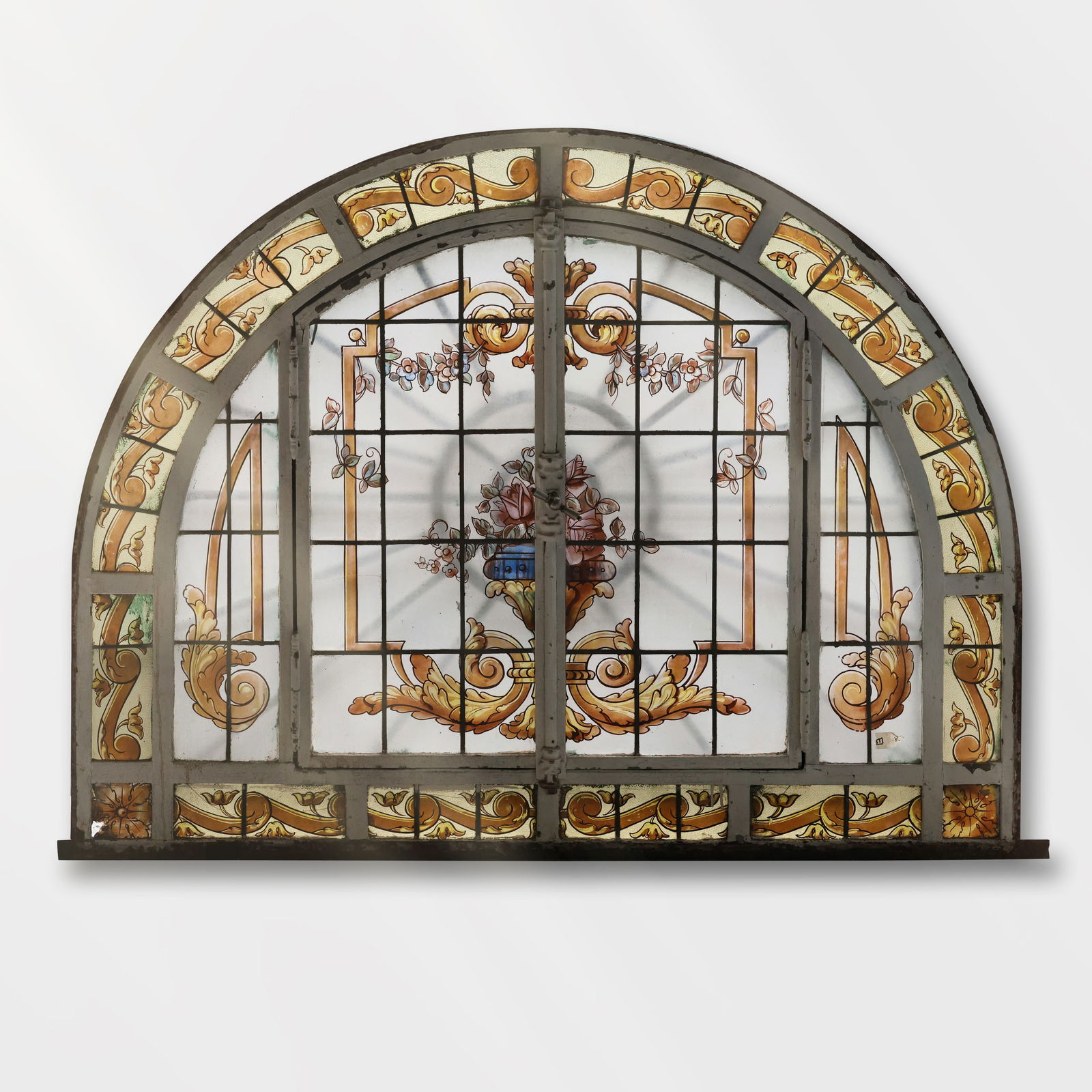 Stunning Argentine Beaux Arts Iron, Stained and Painted Glass Arched Conservatory Window (1 of 20)