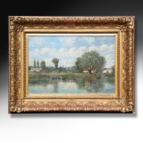 Henri Moreau (1869 - 1943) France, Belgium; "On the Oise" Landscape Oil on Canvas Painting