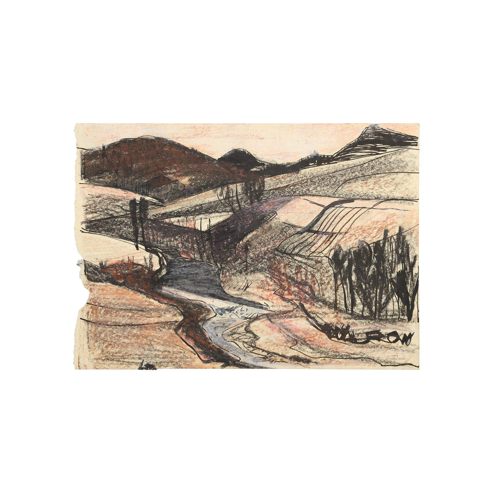 Robert Angeloch Crayon Drawing on Paper Landscape Signed "Outside Firenze [Italy] 1952" (1 of 17)