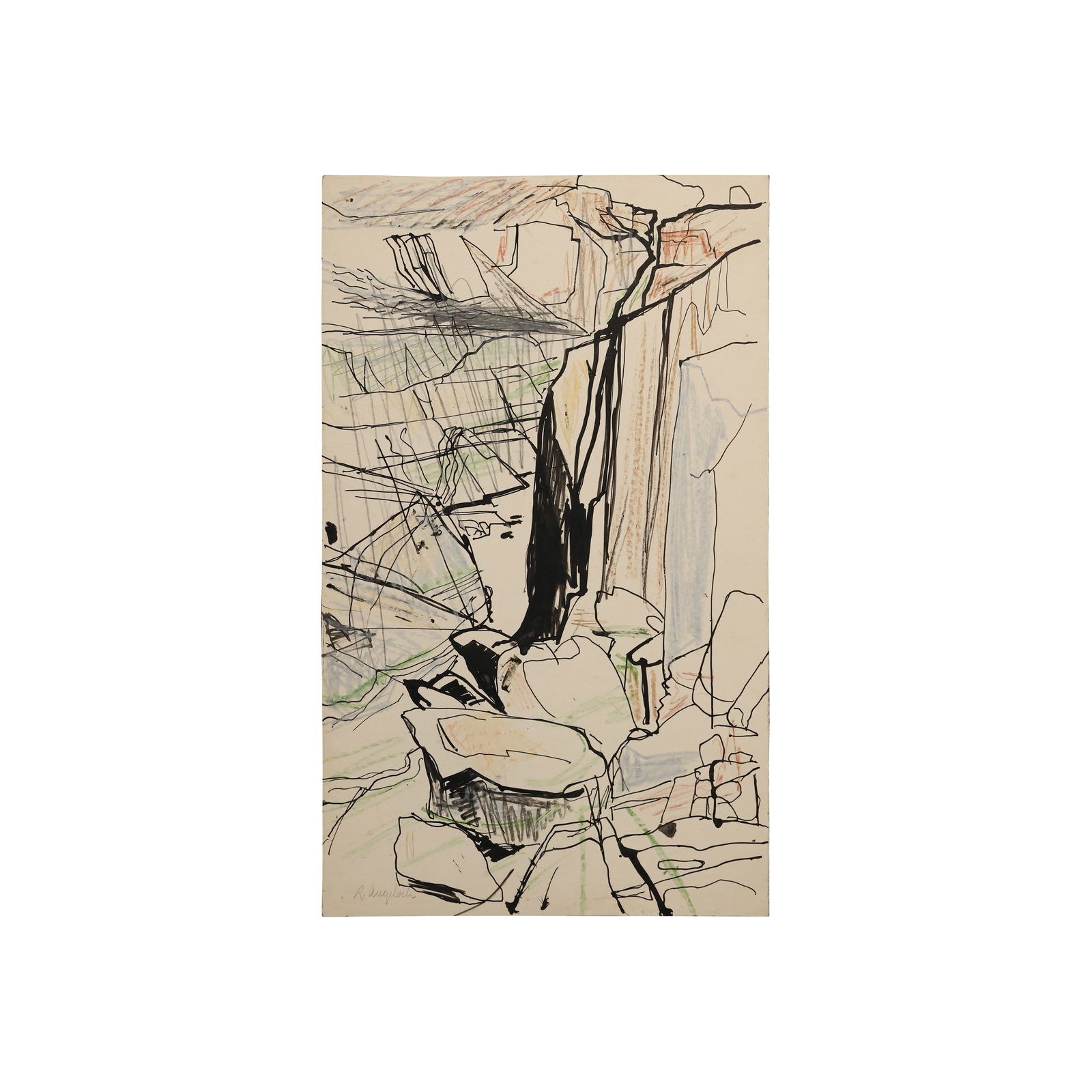 Robert Angeloch, Signed and Dated 1948 "Rocks at Spillway" Ink and Crayon Drawing on Paper (1 of 13)