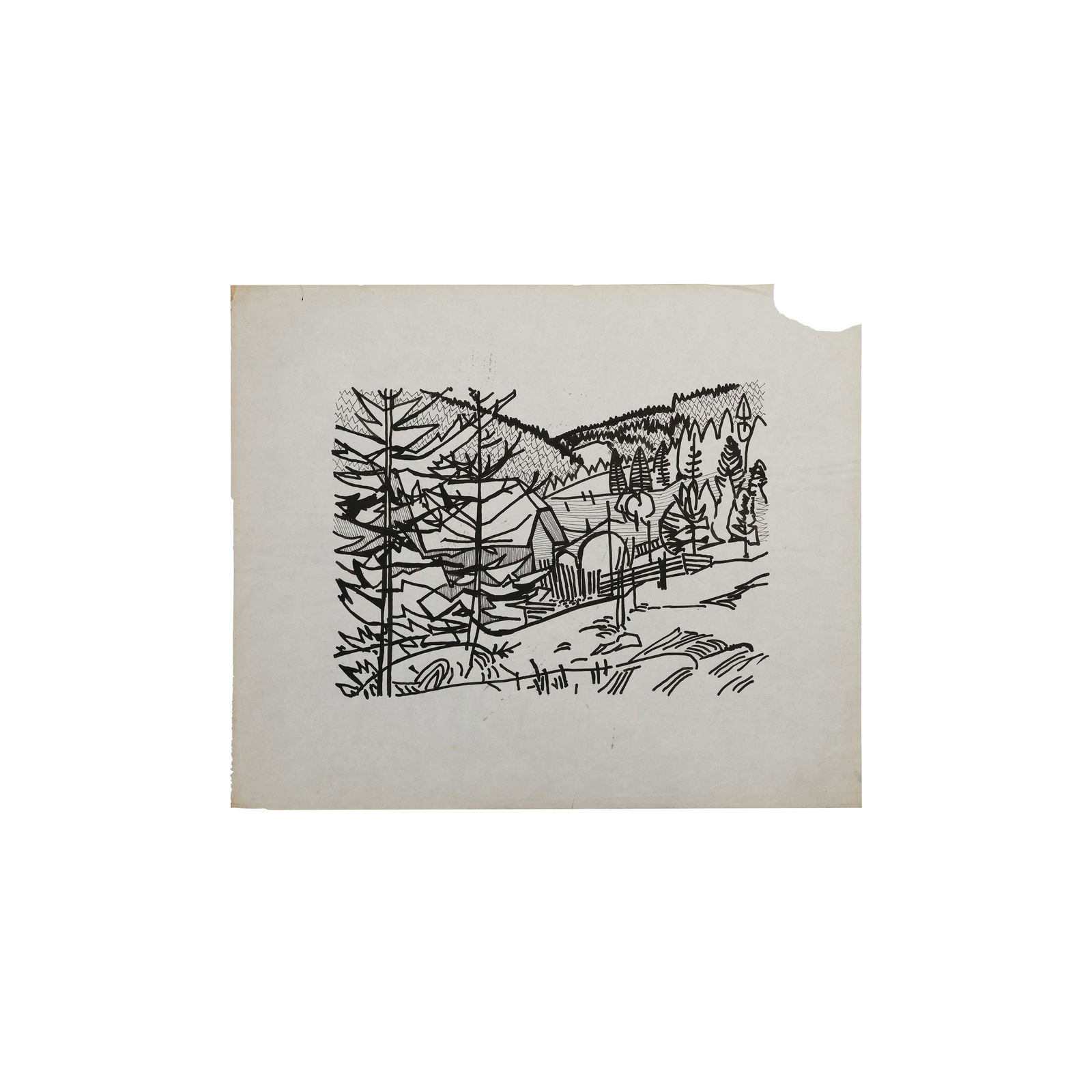 Robert Angeloch, Ink Drawing on Paper, House in Mountainous Woodland, Unsigned (1 of 11)