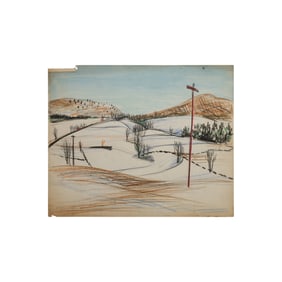 Robert Angeloch Signed and Dated 1950 "Winter Near Manorville [NY]" Colored Pencil Drawing on Paper