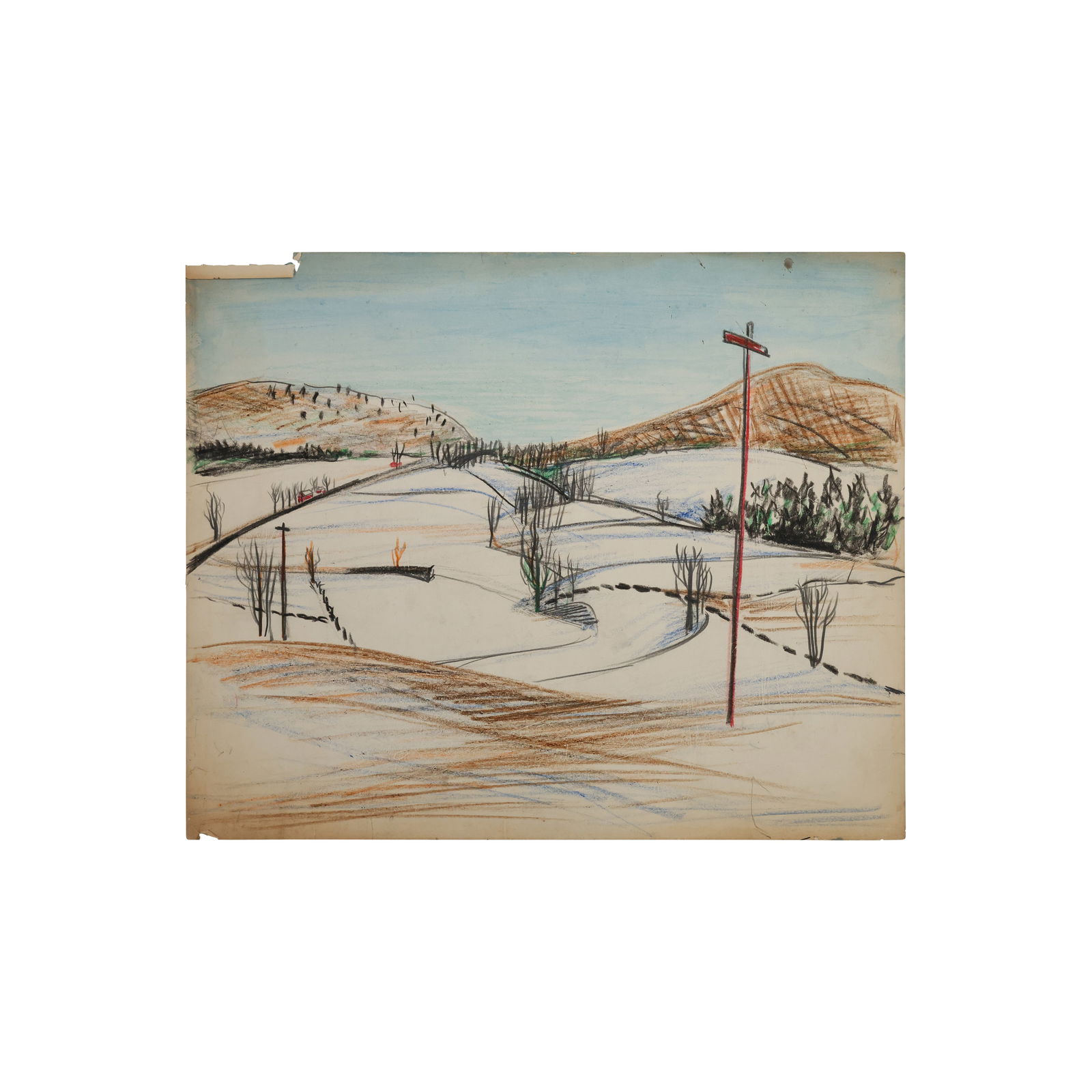 Robert Angeloch Signed and Dated 1950 "Winter Near Manorville [NY]" Colored Pencil Drawing on Paper (1 of 15)
