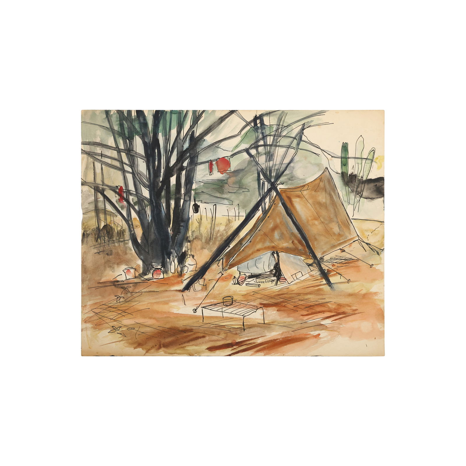 Robert Angeloch, Unsigned, Titled "My Tent, Woodstock 1949" Encampment  Watercolor Painting (1 of 16)
