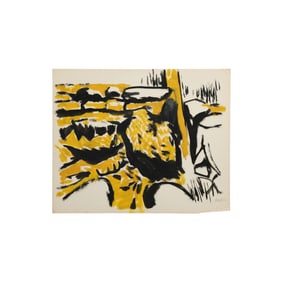 Robert Angeloch, Signed, Rocky Landscape, Black and Yellow Watercolor Painting on Paper