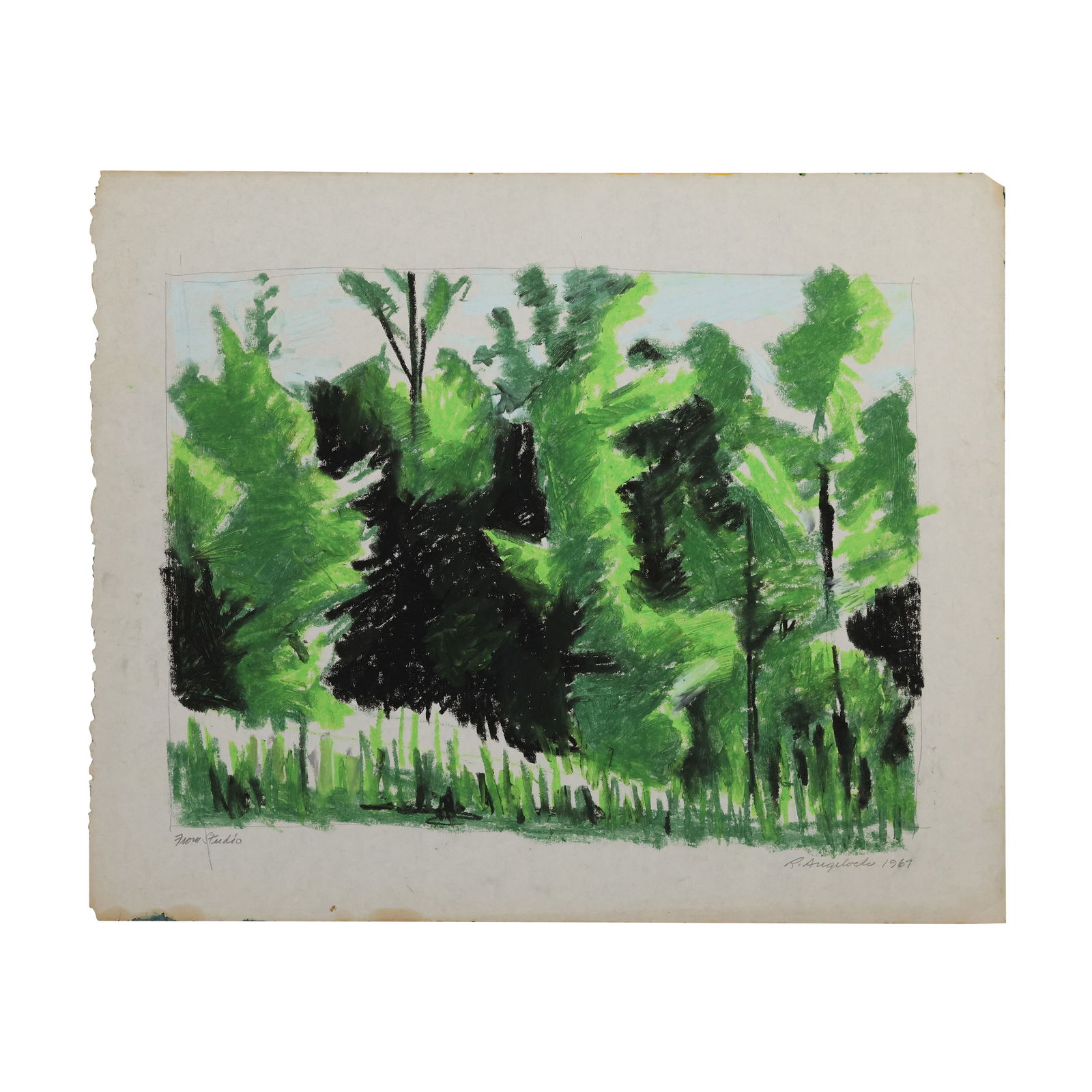 Robert Angeloch Signed and Dated 1967, "From Studio" Green Woodland Crayon Drawing on Paper (1 of 15)