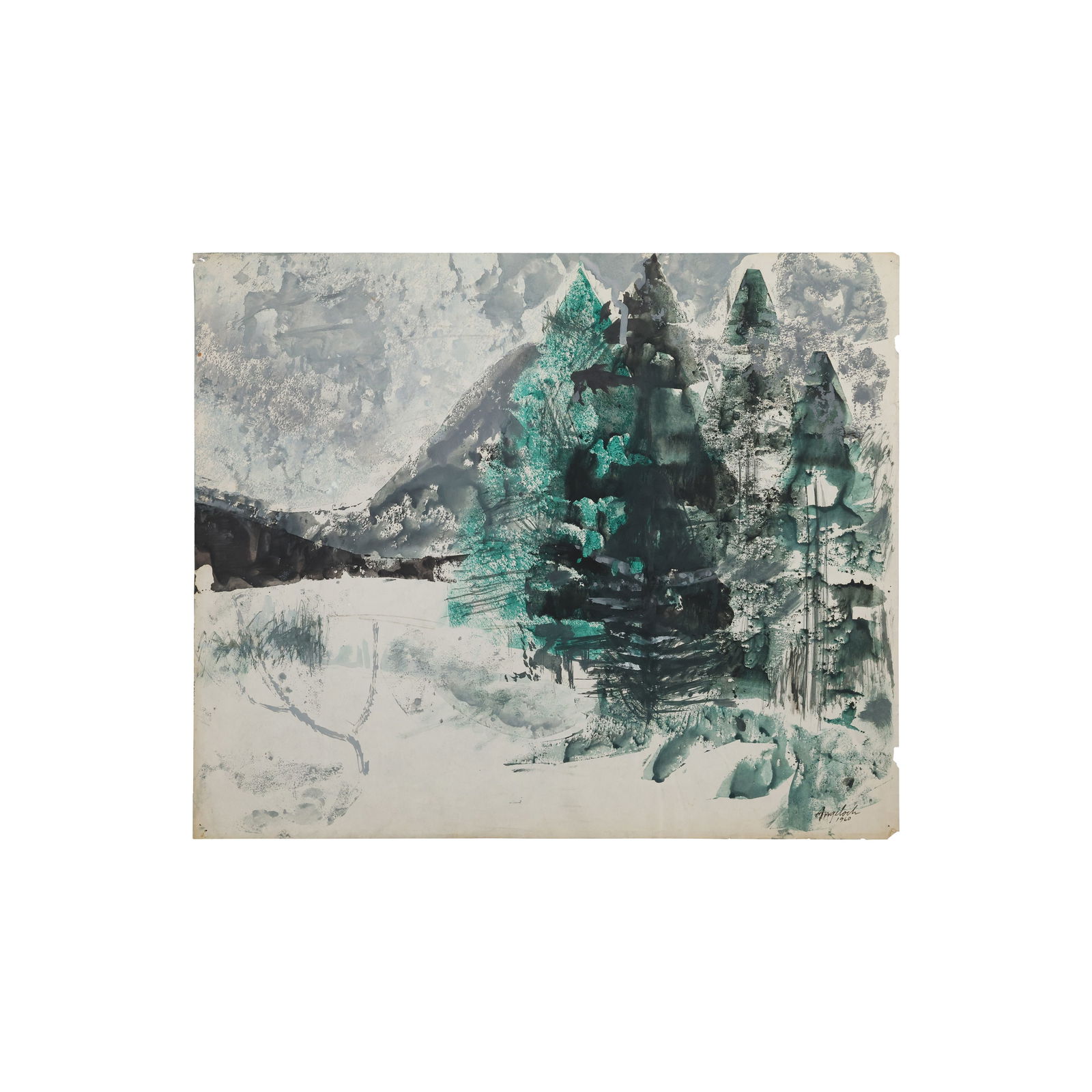 Robert Angeloch Signed and Dated 1960 Wnter Landscape with Trees Watercolor Painting on Paper (1 of 19)