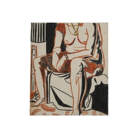 Robert Angeloch, Signed, Seated Nude Woman, Brown and Black Crayon Drawing on Paper