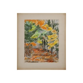 Robert Angeloch, Signed, Path Through Dense Woodland, Crayon Drawing on Paper, Matted