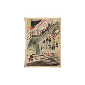 Robert Angeloch, Unsigned, Subway Staircase with Many Figures, Watercolor Painting on Canvas