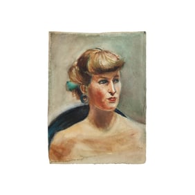 Robert Angeloch, Unsigned, Double Sided Watercolor Painting Portait Young Woman / Landscape