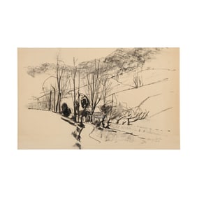 Robert Angeloch Signed and Dated 1960, Landscape with Cabin, Ink Drawing on Paper