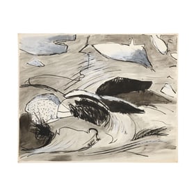 Robert Angeloch, Unsigned , Ink and Watercolor Drawing on Paper, Stream Rocks