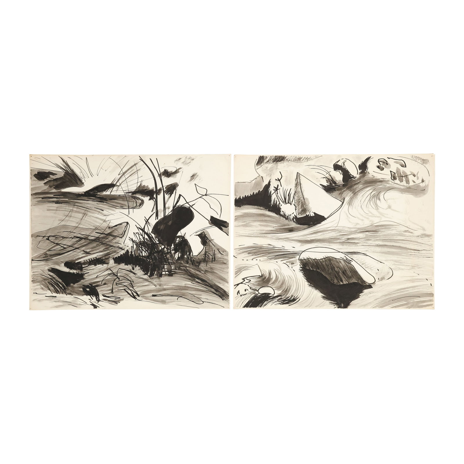 Robert Angeloch, 2 Unsigned, Ink Drawings on Paper, Stream Rocks, Weeds (1 of 17)