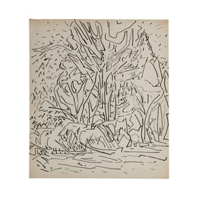 Robert Angeloch, Signed and Dated 1956, Ink Drawing on Paper, Dense Woodland at Shoreline