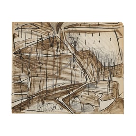 Robert Angeloch, Ink Drawing on Paper with Brown Highlights, Landscape, "Tuscany 1952"