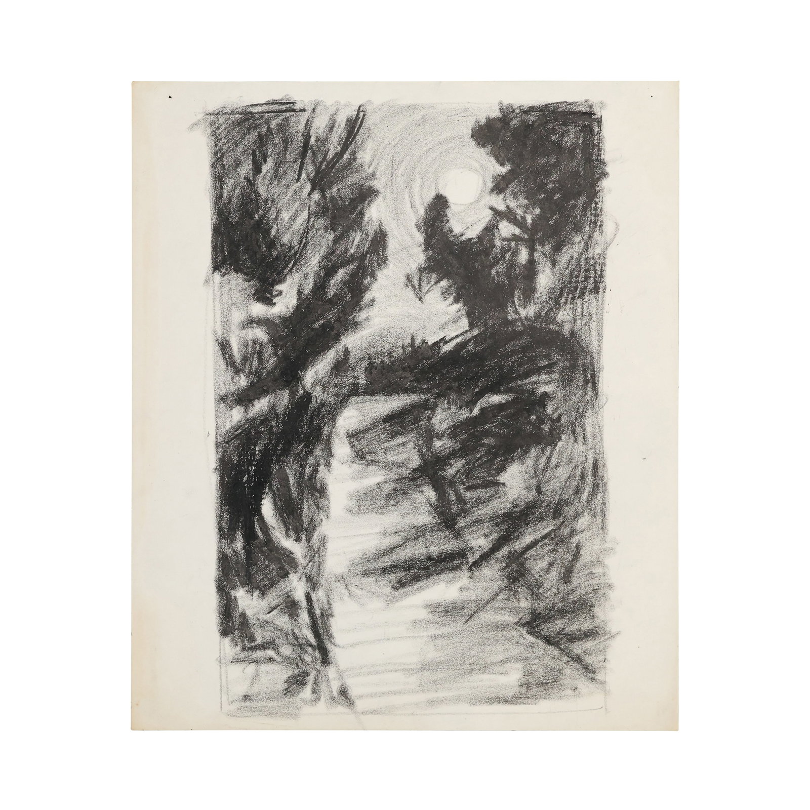 Robert Angeloch, Unsigned Crayon Drawing on Paper, Moon Light Woodland (1 of 12)