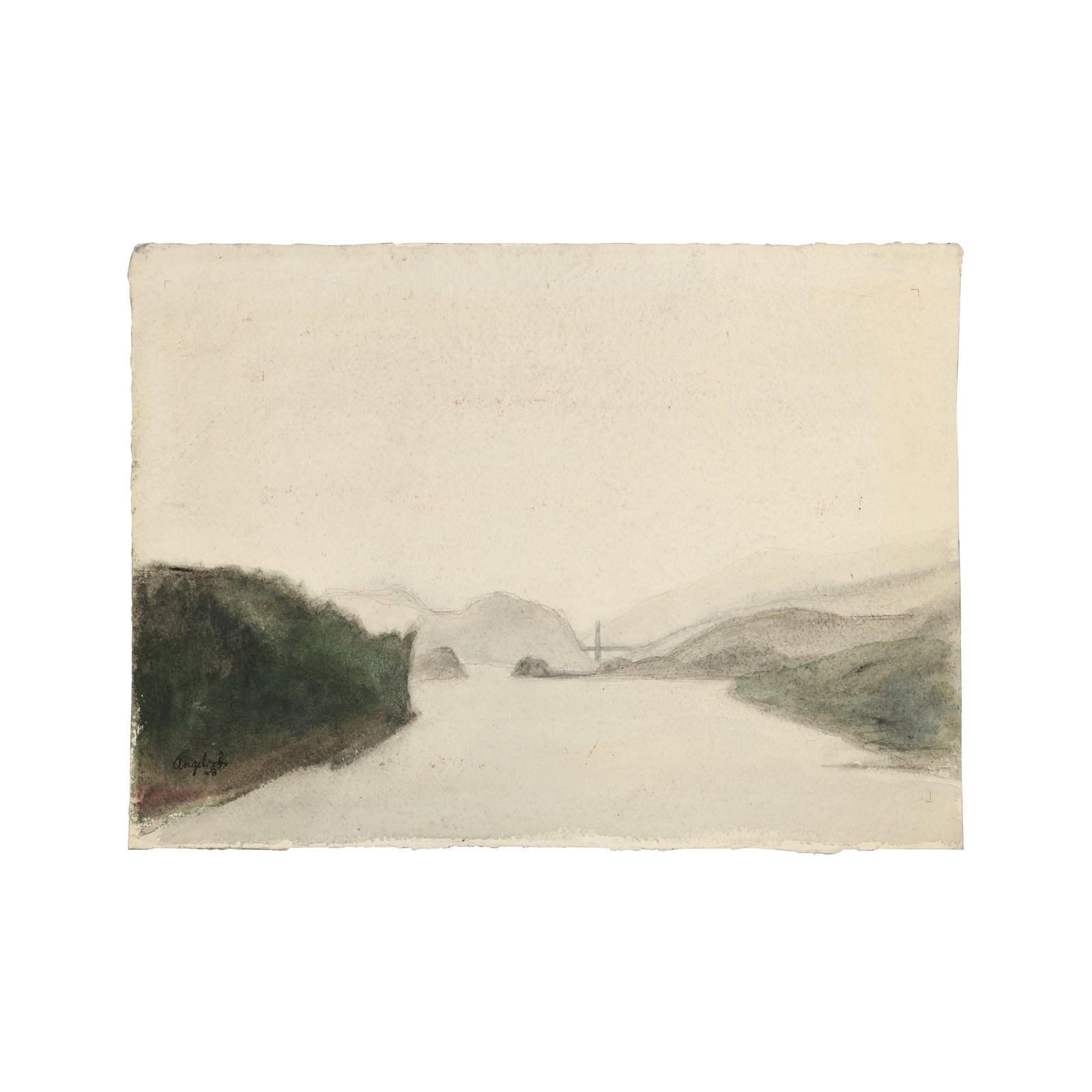 Robert Angeloch, Signed and Dated 1948, Watercolor Painting on Paper, Hudson River Landscape (1 of 9)