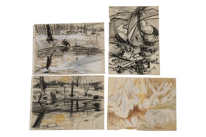 Robert Angeloch, 4 Assorted Small Unsigned Crayon Drawings on Paper, Landscapes