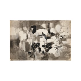 Robert Angeloch, Signed Mixed Media Ink & Watercolor Painting, Shaped Rocks in Landscape