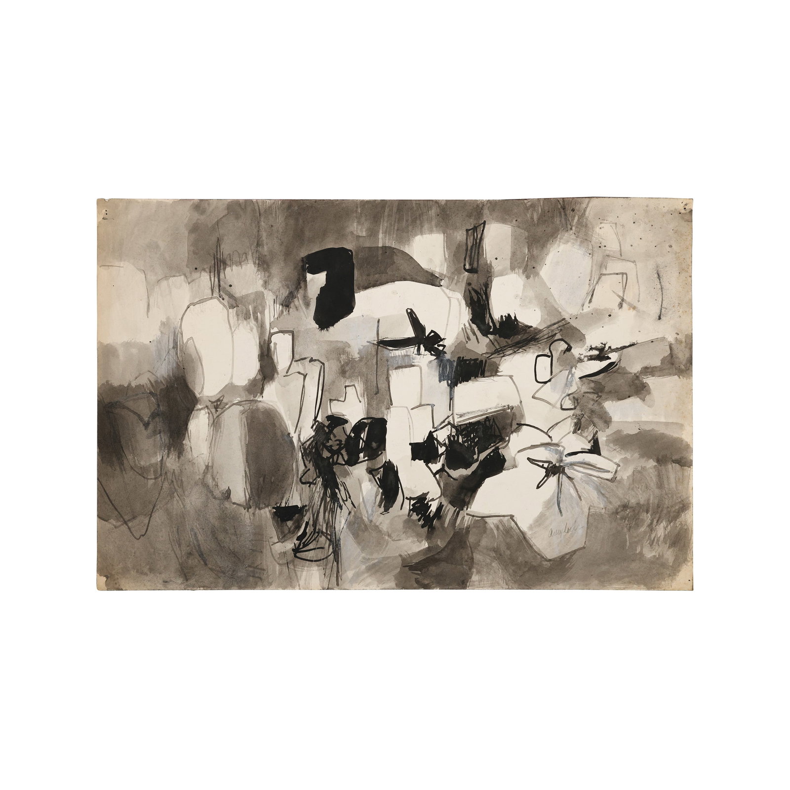 Robert Angeloch, Signed Mixed Media Ink & Watercolor Painting, Shaped Rocks in Landscape (1 of 14)