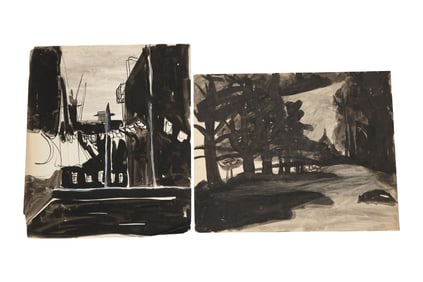 Robert Angeloch, 2 Signed Ink and Watercolor Paintings, Dated 1950, Backyard NYC, Freddy DePolo