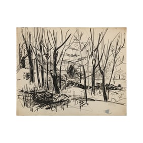 Robert Angeloch, Signed and Dated 1950 Ink Drawing on Paper, Cabins in Woodland