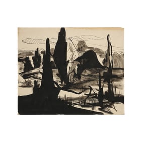 Robert Angeloch, Unsigned Ink and Watercolor Painting on Paper, Landscape