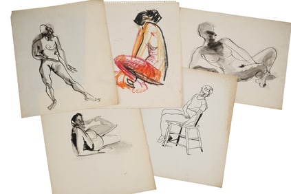 Robert Angeloch, 5 Assorted Mixed Media Ink, Crayon, Watercolor, Nude Sketches in Various Positions