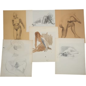 Robert Angeloch, 6 Assorted Nude Models in Watercolor Painting and Pencil Drawings, Unsigned