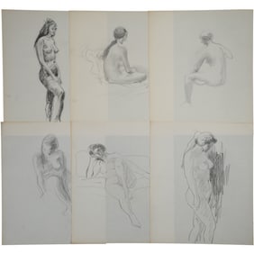 Robert Angeloch, 6 Assorted Nude Models in Pencil Drawings / Sketches , Unsigned