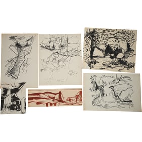 Robert Angeloch, 6 Assorted Ink Drawings on Paper, Unsigned, Landscapes