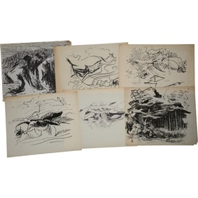 Robert Angeloch, 6 Assorted Ink Drawings on Paper, Unsigned, Landscapes