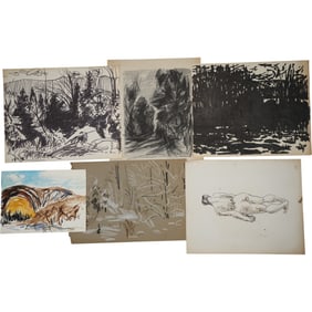Robert Angeloch, 6 Assorted Ink Drawings, Mixed Media, on Paper, Unsigned, Landscapes, Nude