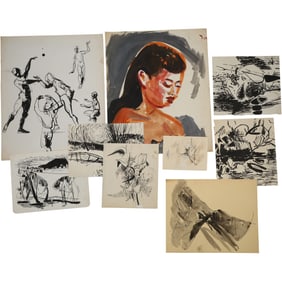 Robert Angeloch, 8 Assorted Ink Drawings, Watercolor on Paper Unsigned, Figures, Portrait, Landscape