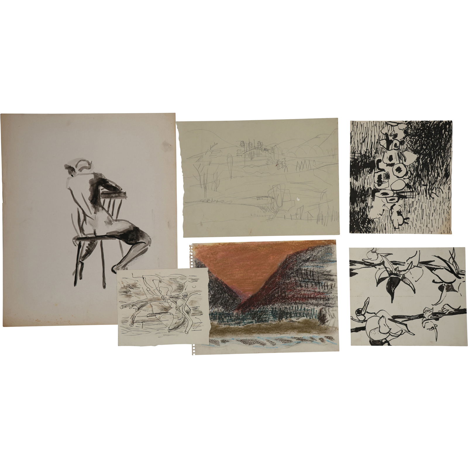 Robert Angeloch, 6 Assorted Ink Drawings, Mixed Media on Paper Unsigned, Landscapes, Seated Model (1 of 10)
