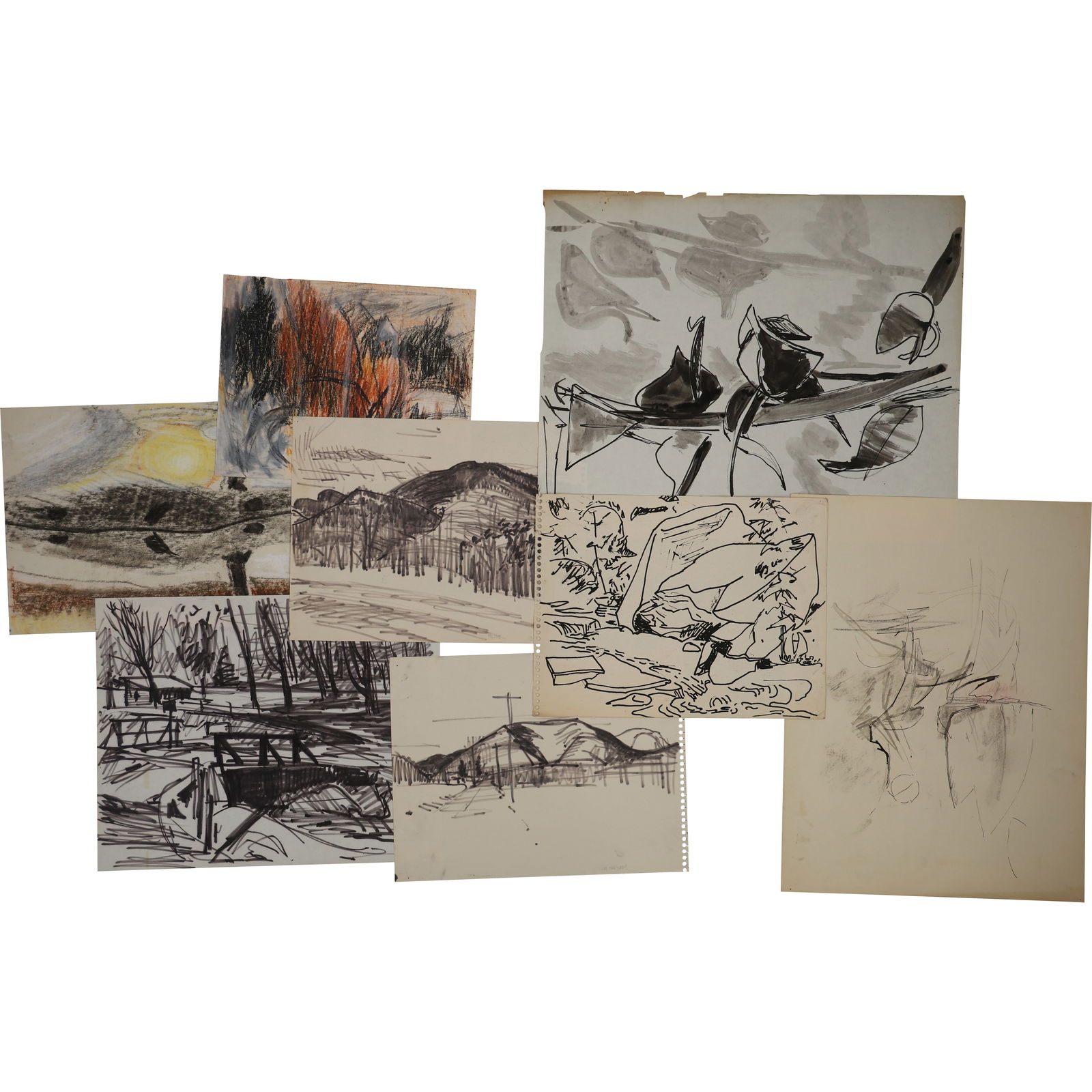 Robert Angeloch, 8 Assorted Ink Drawings, Mixed Media on Paper Unsigned, Landscapes (1 of 10)