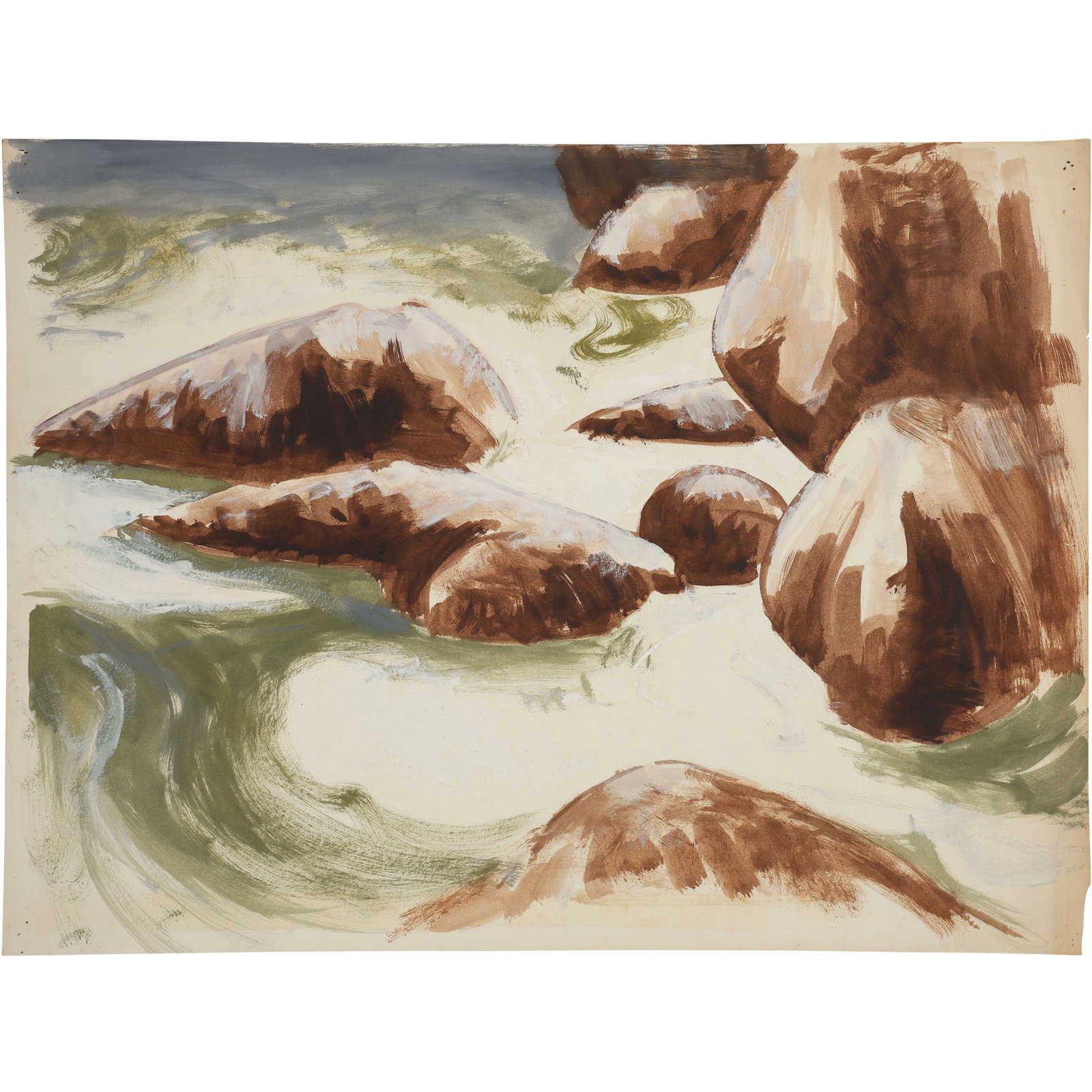 Robert Angeloch, Unsigned, Watercolor Painting on Paper, Coastal Seascape: Robert Angeloch, Unsigned, Watercolor Painting on Paper, Coastal Seascape. size: 19h x 23.5w ; Robert Henry Angeloch (1922 - 2011) was active/lived in New York. Robert Angeloch is known for Etcher and