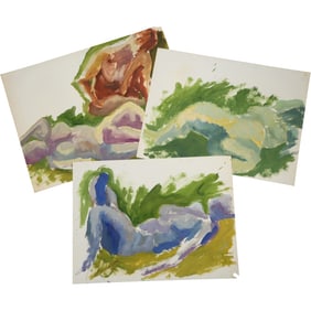Robert Angeloch, 3 Assorted Unsigned, Watercolor Paintings on Paper, Reclining Nudes in Landscape