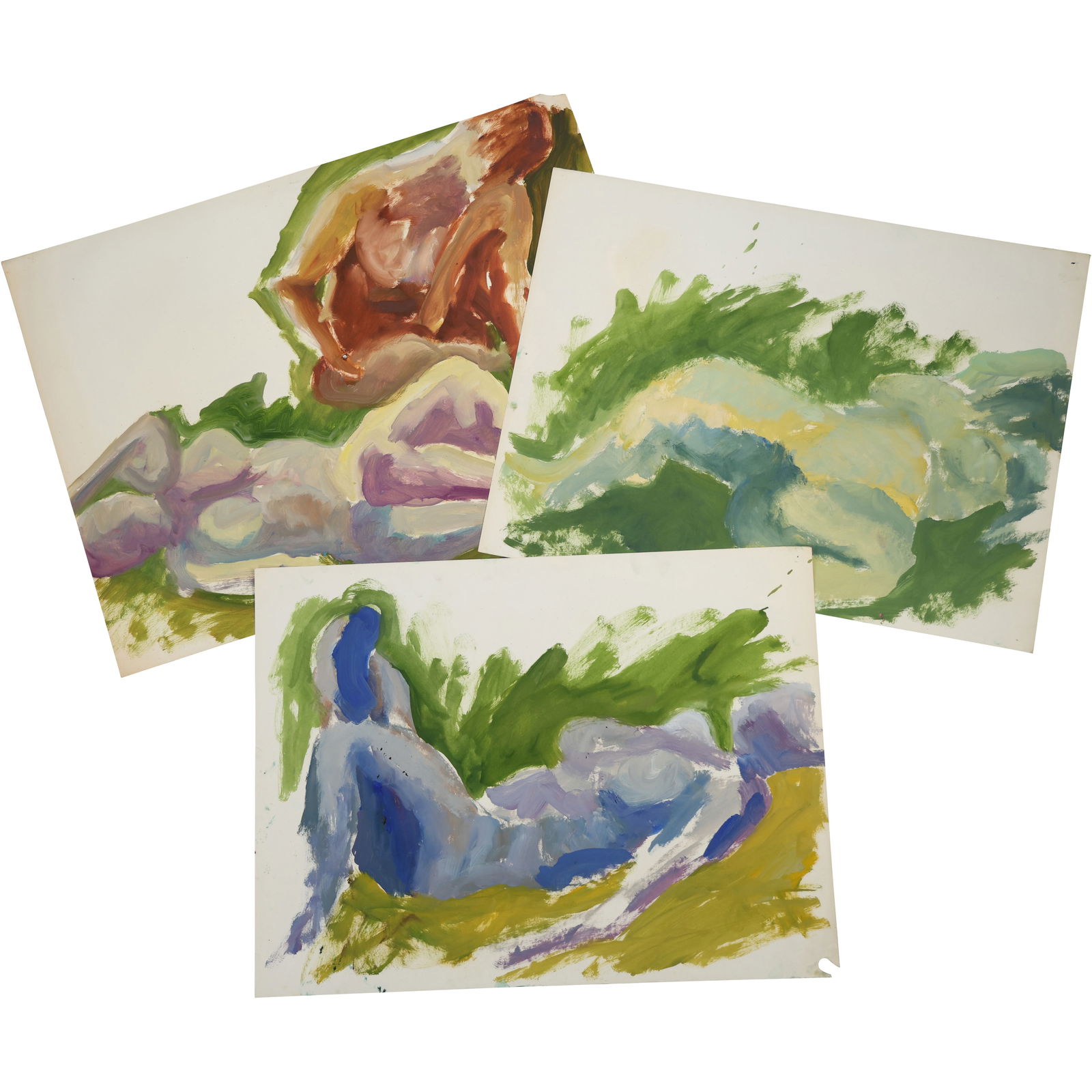 Robert Angeloch, 3 Assorted Unsigned, Watercolor Paintings on Paper, Reclining Nudes in Landscape (1 of 10)
