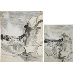 Robert Angeloch, Unsigned, Watercolor & Ink Drawing on Paper, Rocky Coastal Seascape